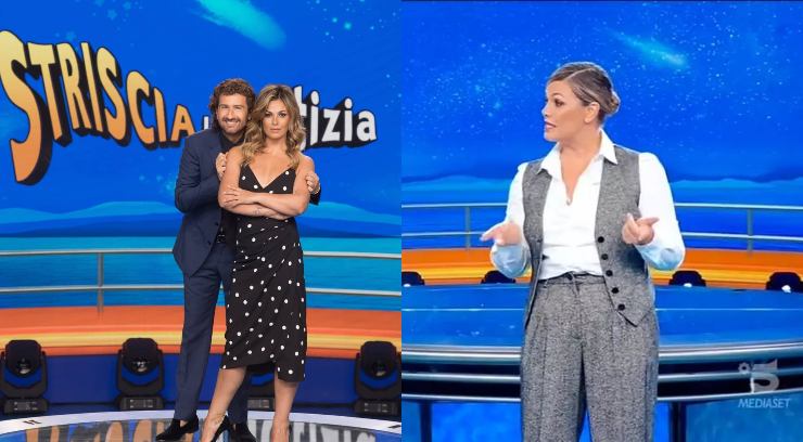 vanessa incontrada look strisciala notizia abito pois e gilet con pantaloni 