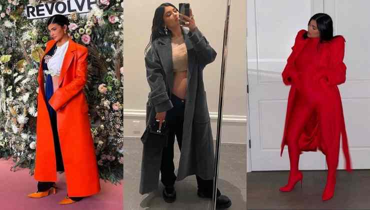 kylie jenner maxi coat rosso e grigio