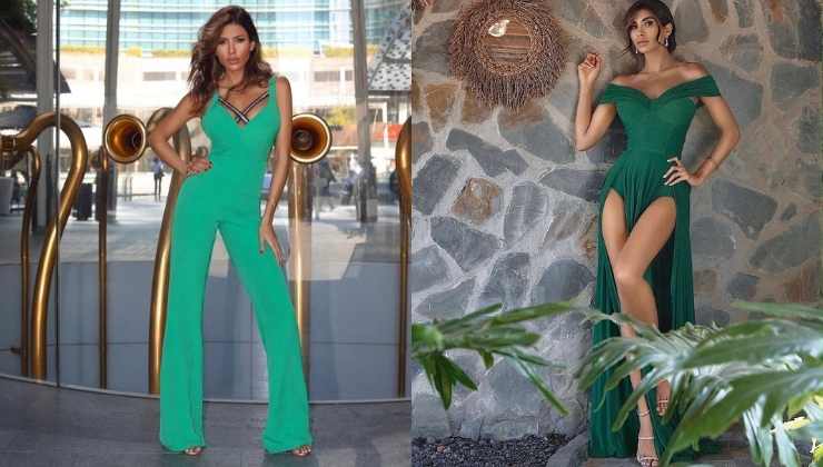 mila suarez verde catsuit e drappeggi