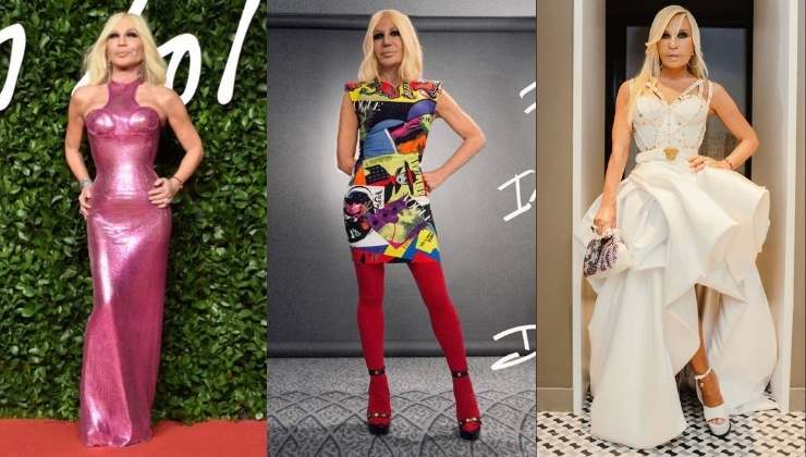 donatella versace abito rosa, stampe e balze