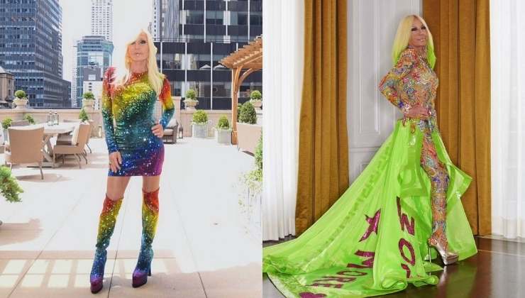 donatella versace raimbow look e mantello 