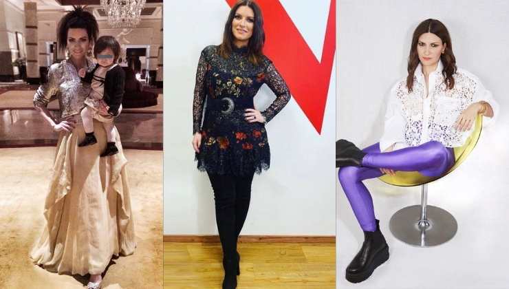 laura pausini abito lungo, volant e leggings viola 