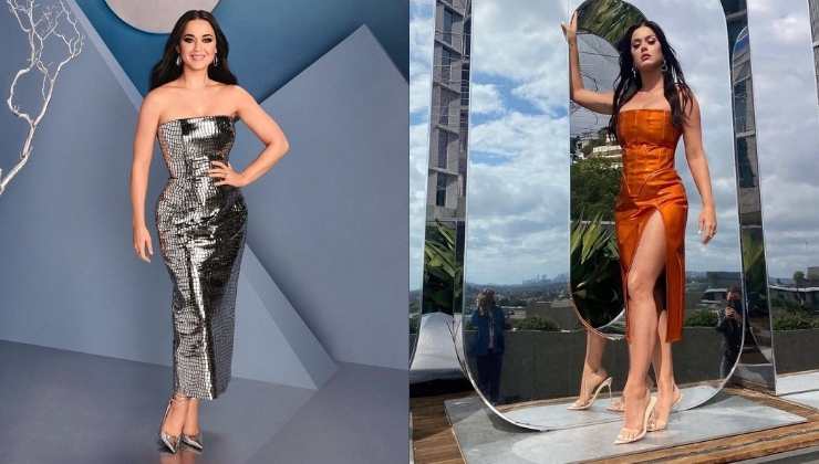 katy perry abito argento e arancio scollati 