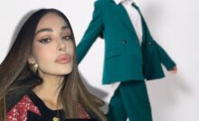 donna che indossa tailleur e rosa perrotta
