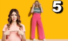 donna che indossa pantaloni rosa larghi, un'altra dubbiosa e numero 5